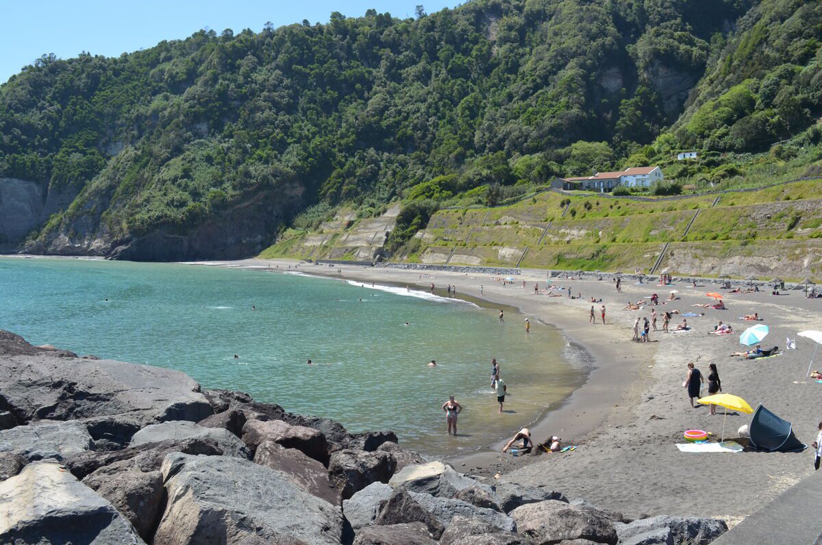 Ribeira Quente beach São Miguel Azores volcanic landscape with mountains and ocean