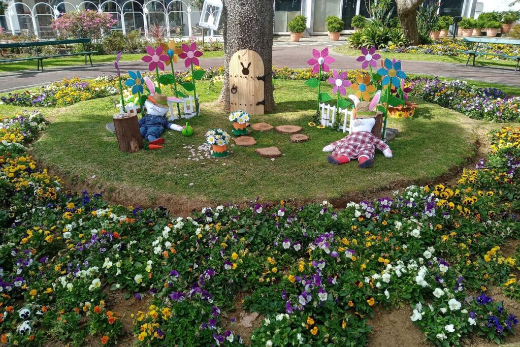 Easter flower garden decoration with rabbits and colorful flowers in Ponta Delgada São Miguel Azores