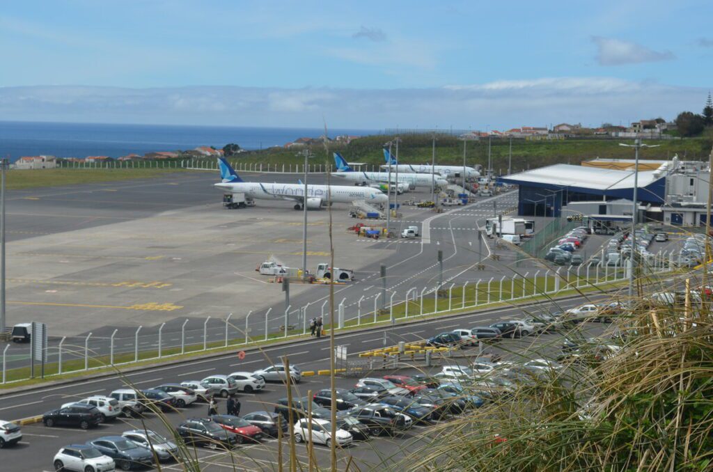 Ponta Delgada airport runway with airplane