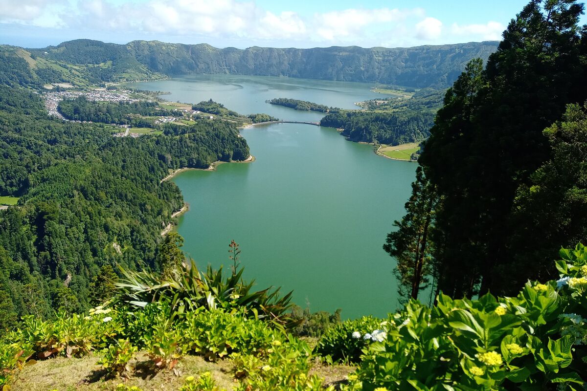 Panoramic view of Sete Cidades volcanic lakes in São Miguel Azores